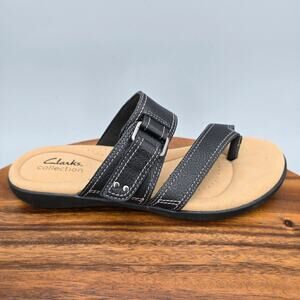 Clarks Sandals Women's 7 M Black Leather Thong Slip On Comfort Toe Loop Strap